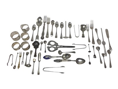 Lot 328 - Group of various Georgian and later silver and plated items to include napkin rings, forks and tea spoons, (various dates and makers), all at 16.5ozs.