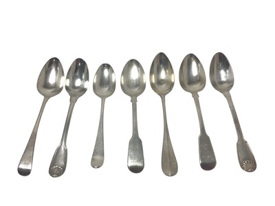 Lot 331 - Group of seven various Georgian and later Old English, Hanoverian and other dessert spoons, (various dated and makers), all at approximately 9.5ozs