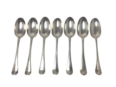 Lot 330 - Seven George II silver Hanoverian pattern tablespoons, (various dates and makers), 14ozs.