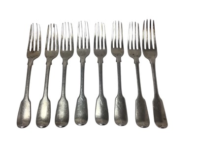 Lot 332 - Matched set of eight Georgian silver fiddle pattern forks, (various dates and makers), all at approximately 10.5ozs (8).