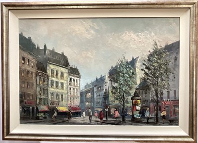 Lot 300 - French School, mid 20th century, oil on canvas - Parisian Street scene, indistinctly signed, 60cm x 90cm, framed