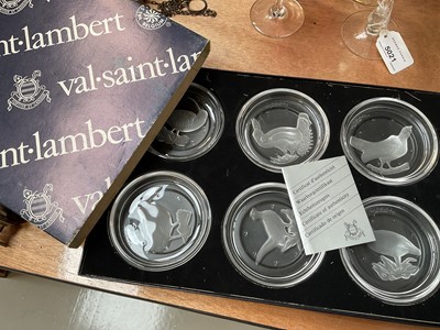Lot 5022 - Set of six cased Val Saint Lambert glass dishes decorated with birds