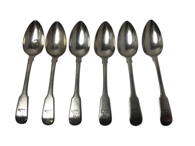 Lot 334 - Six George IV silver fiddle pattern dessert spoons, (London 1822), maker Thomas Streetin, 9ozs.