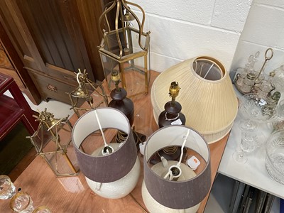 Lot 5023 - Three brass and glass ceiling lights, a par of wooden urn shaped lamps, a pottery lamp, and three shades