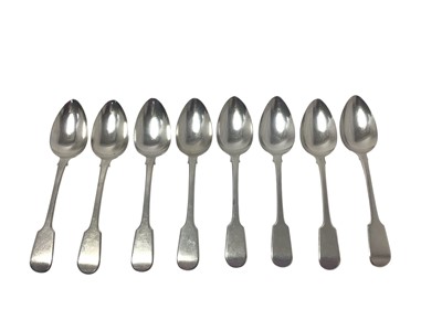 Lot 339 - Set of eight George III silver fiddle pattern dessert spoons, (London 1819), maker Josiah & George Piercy, 11ozs.