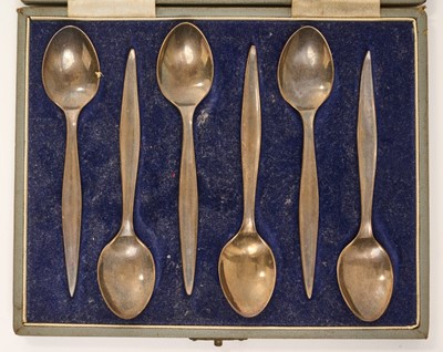Lot 210 - Geoffrey Guy Bellamy (1922 - 1997), set of six contemporary silver coffee spoons, (Sheffield 1959), maker Geoffrey Bellamy, in a Liberty of London, fitted retailers case, each 9.6cm in length.