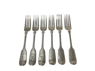 Lot 338 - Set of six Victorian silver fiddle pattern table forks, (London 1870), maker Henry Holland, 14.5ozs