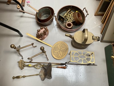 Lot 5033 - Group of copper and brassware, including jelly moulds, watering can, saucepan, etc