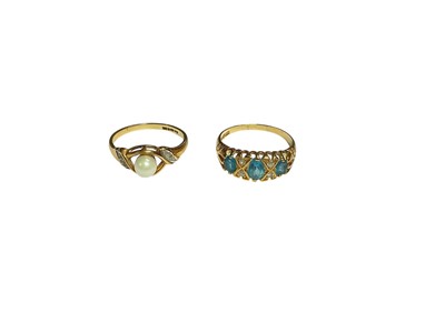 Lot 23 - 9ct gold single cultured pearl and diamond ring and 9ct gold three blue stone and diamond ring in carved claw setting (2)