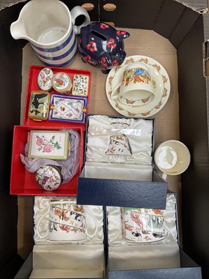 Lot 5050 - Group of Halcyon Days enamel boxes, ditto christening set, 19th century child's mug 'A present for a good boy', children's ceramics, etc