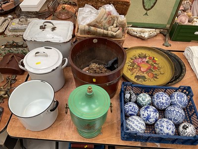 Lot 5046 - Group of decorative items, including toleware, brass bound planter, carpet bowls, enamel kitchen ware, etc