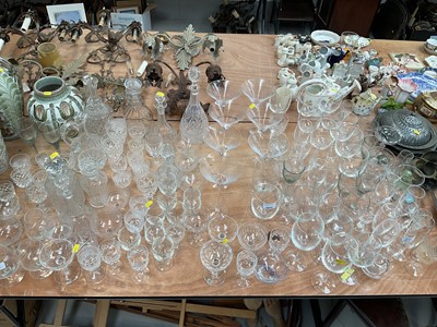 Lot 5052 - Group of antique and later glassware, including 19th century three ring decanter with mushroom stopper, other decanters, Victorian wine glasses, Martini glasses, etc