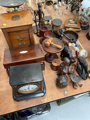 Lot 5055 - Group of treen and other items, including an Edwardian clock with faux bamboo edges, a Victorian oak miniature chest with presentation plaque, rosewood sewing box, etc