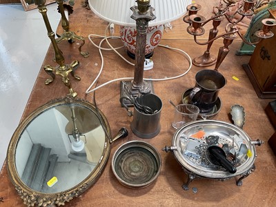 Lot 5056 - Pair of 19th century plated candelabra, a Corinthian column candlestick converted to a lamp, a ceramic lamp and shade, etc