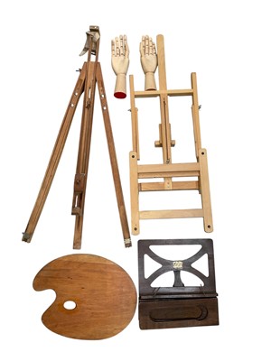 Lot 5063 - Group of artist's equipment including easels, mannequin hands, and a palette