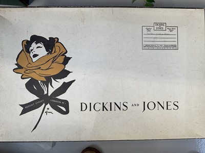 Lot 5066 - Dickins & Jones wedding dress in original box, a mahogany canteen with some silver plated cutlery, and an artificial flower display