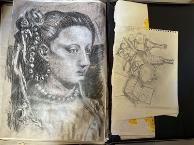 Lot 5069 - Folio of drawings and watercolours, a box of tools