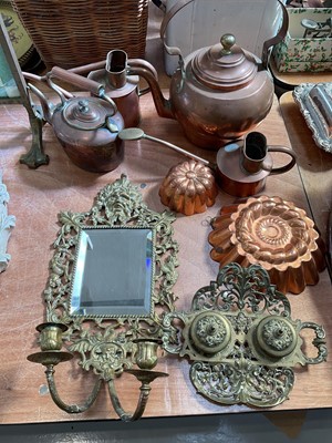 Lot 5074 - Group of brass and copper ware, including kettle, watering cans, inkwell, and a girandole mirror