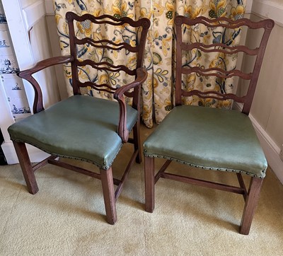 Lot 1336 - Set of twelve mahogany dining chairs in the Chippendale ribbon-back style, with serpentine green upholstered seats
