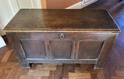 Lot 1338 - 18th century oak coffer with three panel front, on block feet, 95cm wide x 42cm deep x 55cm high