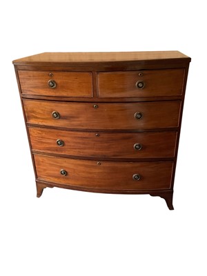 Lot 1363 - Regency mahogany bowfront chest of two short over three long graduated drawers on splayed bracket feet, 102cm wide x 51cm deep x 101cm high