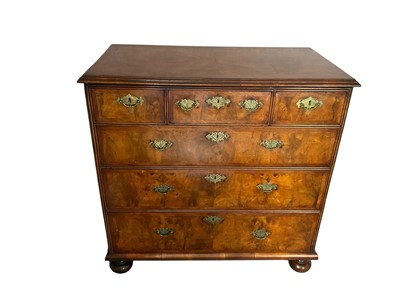 Lot 1361 - Early 18th century walnut crossbanded chest of three short over three long graduated drawers on bun feet, 99cm wide x 53cm deep x 101cm high