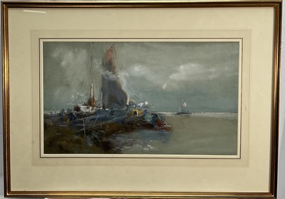 Lot 57 - George Charles Haite (1855-1924), watercolour and body colour, Harbour mist, indistinctly signed and inscribed, 33cm x 57cm, glazed frame