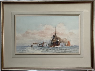 Lot 54 - W. S. Thompkin (1861-1940) watercolour - Steamer and other boats, signed and dated 1905, 26.5cm x 44cm, in glazed frame.