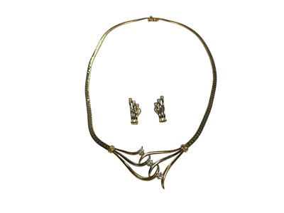 Lot 65 - Gold and diamond three stone necklace, together with a pair of similar style earrings