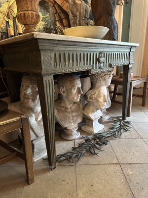 Lot 1500 - Good French Louis XVI green painted side table, the rectangular white marble top supported on a green painted base with carved frieze with central urn mount, on square tapered and fluted legs