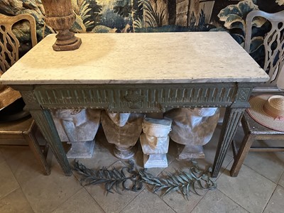 Lot 1500 - Good French Louis XVI green painted side table, the rectangular white marble top supported on a green painted base with carved frieze with central urn mount, on square tapered and fluted legs