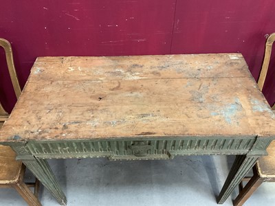 Lot 1500 - Good French Louis XVI green painted side table, the rectangular white marble top supported on a green painted base with carved frieze with central urn mount, on square tapered and fluted legs