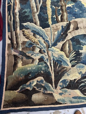 Lot 1502 - Flemish, late 17th / early 18th century Verdure tapestry depicting a sunrise over a bridge Provenance: Joanna Booth, Kings Road, London, 29th September 1990