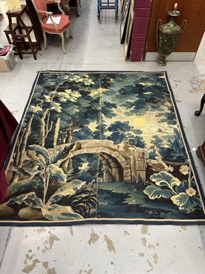Lot 1502 - Flemish, late 17th / early 18th century Verdure tapestry depicting a sunrise over a bridge Provenance: Joanna Booth, Kings Road, London, 29th September 1990