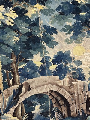 Lot 1502 - Flemish, late 17th / early 18th century Verdure tapestry depicting a sunrise over a bridge Provenance: Joanna Booth, Kings Road, London, 29th September 1990