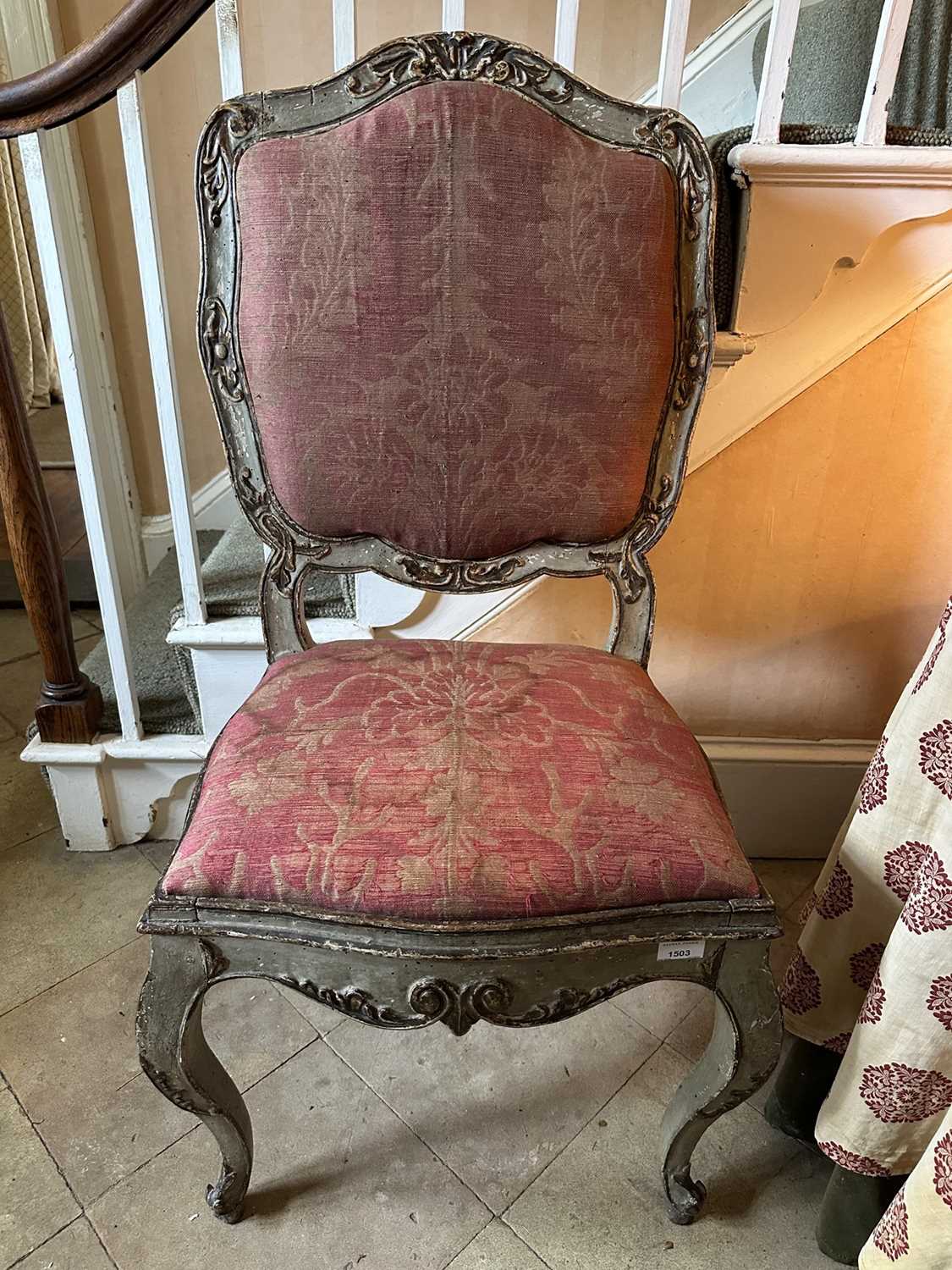 Lot 1503 - 19th century Italian painted side chair, the arched upholstered back above a drop-in seat, with carved frieze, on cabriole legs