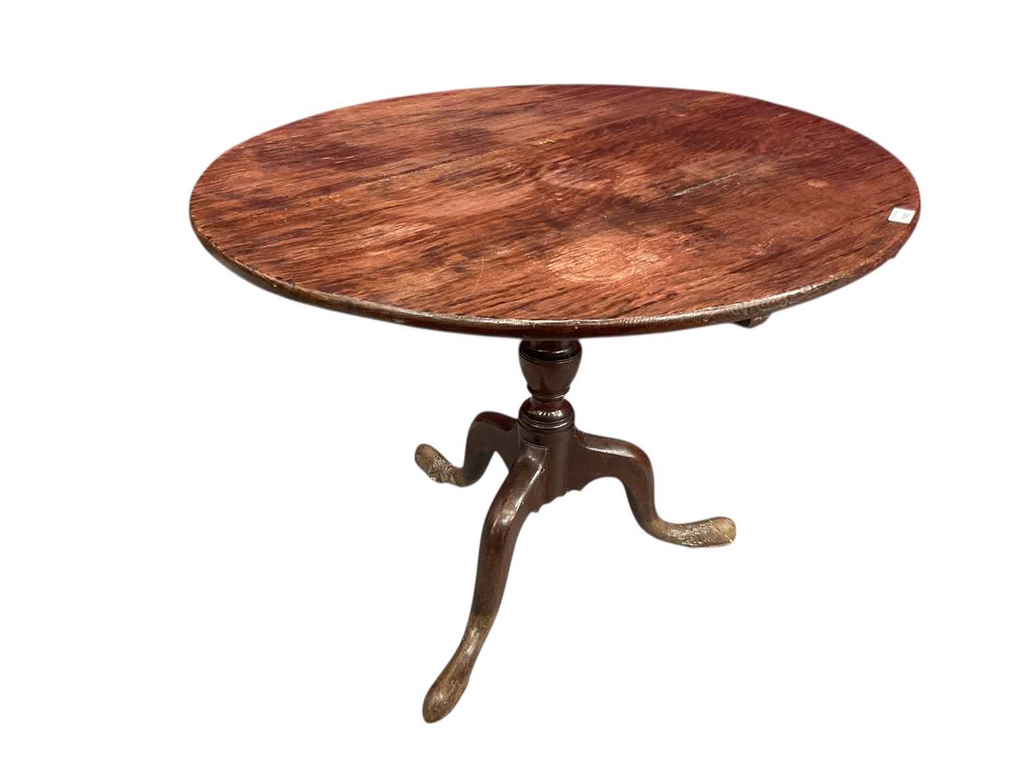 Lot 1505 - George III mahogany tripod table, the circular oak top on turned column and three splayed legs