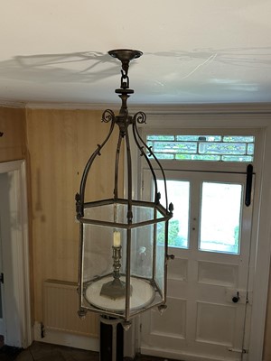 Lot 1507 - Good quality early 19th century brass hexagonal hall lantern with arched and scrolling supports