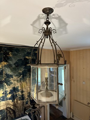Lot 1507 - Good quality early 19th century brass hexagonal hall lantern with arched and scrolling supports