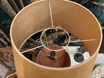 Lot 1509 - Pair of terracotta campana shape urns with stiff leaf and lobed decoration on chamfered square bases, now as table lamps