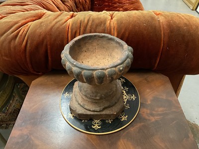 Lot 1509 - Pair of terracotta campana shape urns with stiff leaf and lobed decoration on chamfered square bases, now as table lamps