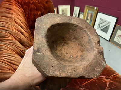 Lot 1509 - Pair of terracotta campana shape urns with stiff leaf and lobed decoration on chamfered square bases, now as table lamps