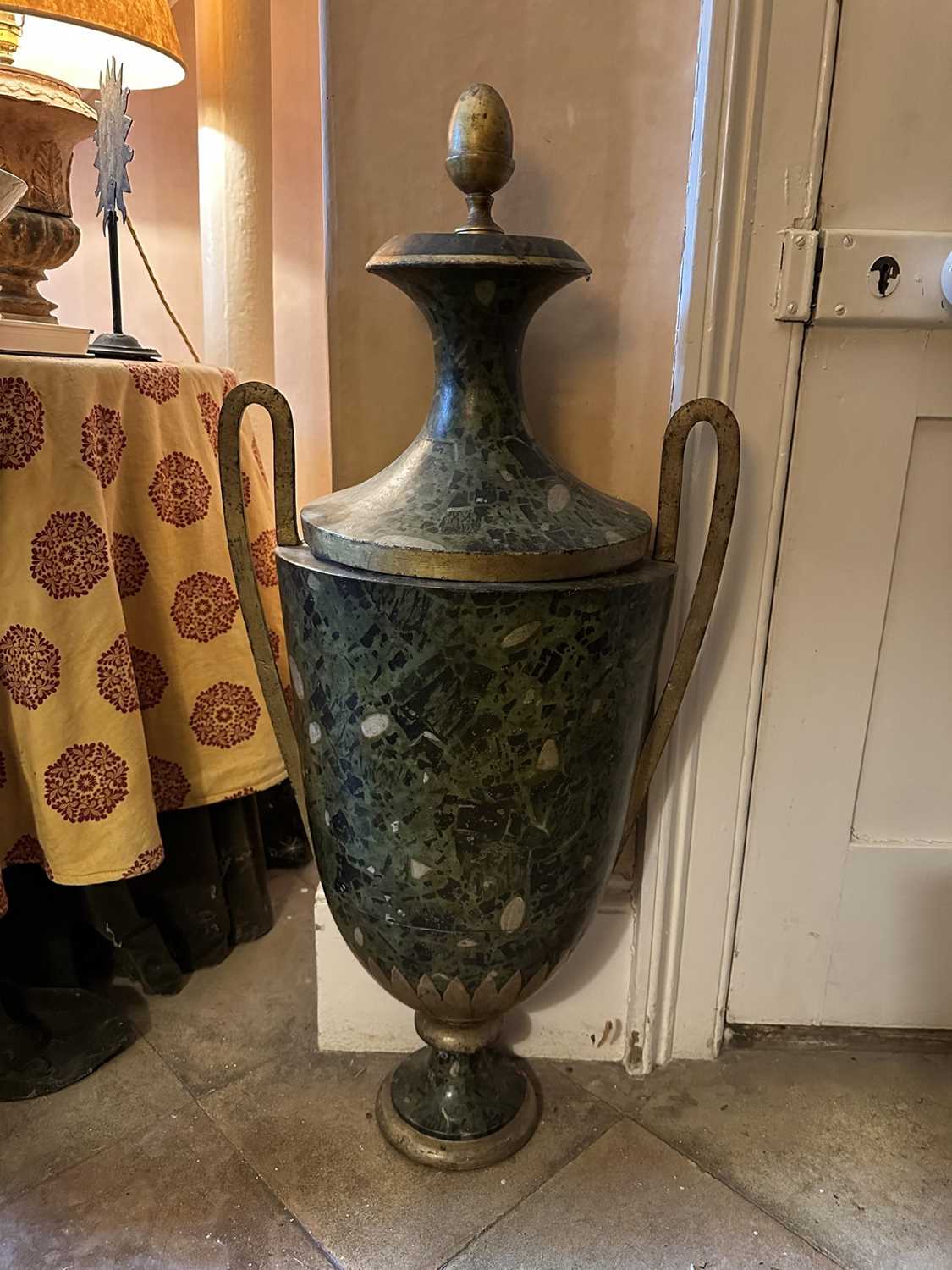 Lot 1511 - Early 19th century toleware twin handled half urn and cover, green marble painted effect Provenance: Philip Andrade Antiques, Devon, 10th August 1991