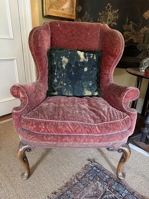 Lot 1523 - 19th century, George I style wing armchair, velvet upholstery, loose cushion, on carved cabriole legs