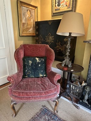 Lot 1523 - 19th century, George I style wing armchair, velvet upholstery, loose cushion, on carved cabriole legs
