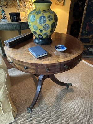 Lot 1529 - 19th century mahogany drum table with crossbanded top and an arrangement of drawers, on turned column and three splayed legs terminating on brass paw castors