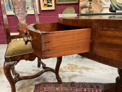 Lot 1529 - 19th century mahogany drum table with crossbanded top and an arrangement of drawers, on turned column and three splayed legs terminating on brass paw castors