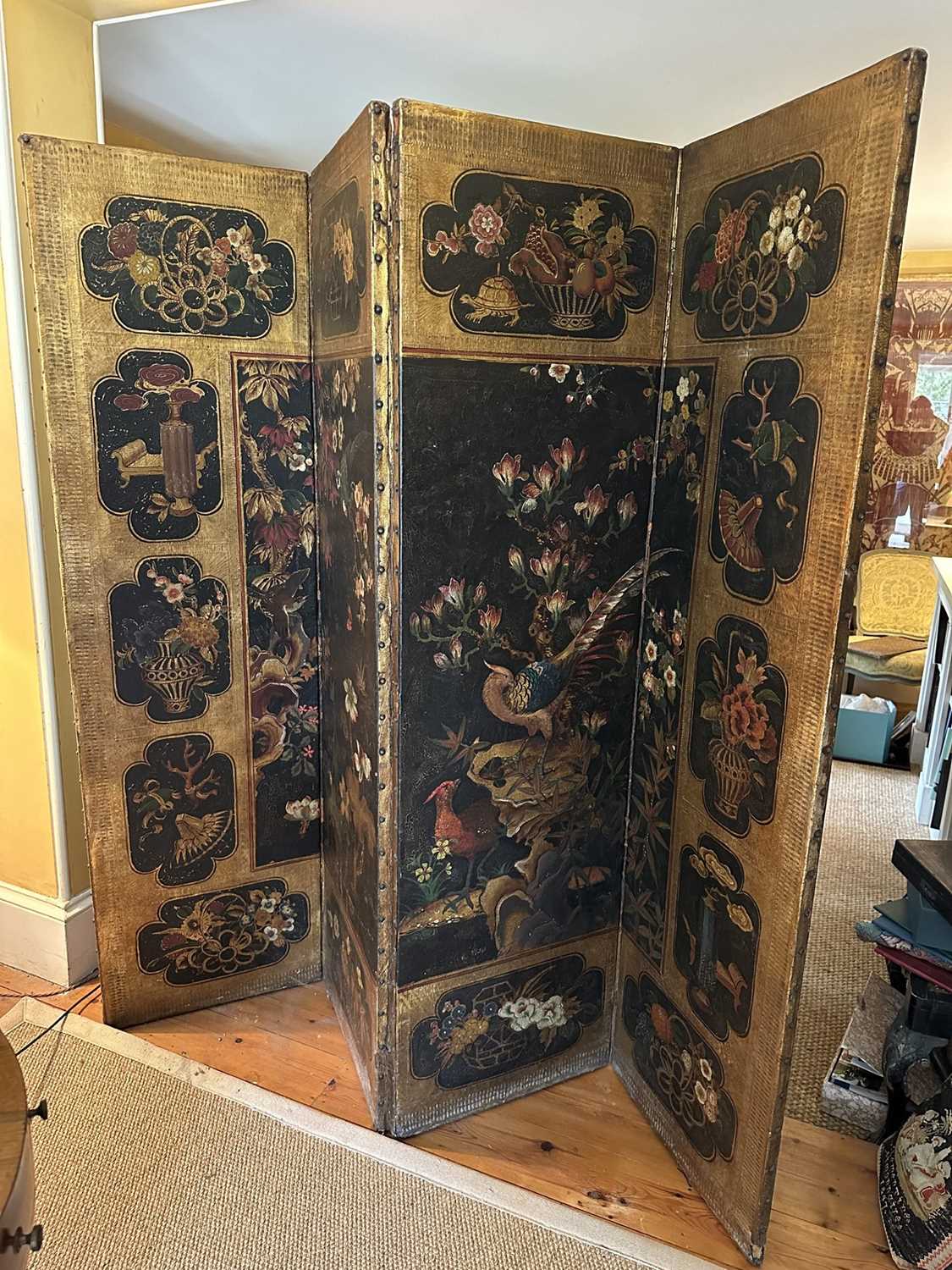 Lot 1530 - 19th century embossed leather four-fold screen in the Chinoiserie taste Provenance: Neal Sons & Fletcher, 17th June 1992, lot 513