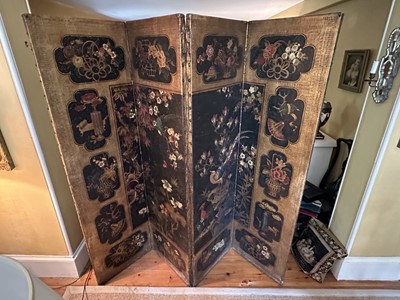 Lot 1530 - 19th century embossed leather four-fold screen in the Chinoiserie taste Provenance: Neal Sons & Fletcher, 17th June 1992, lot 513