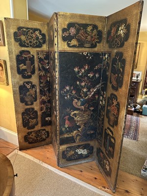 Lot 1530 - 19th century embossed leather four-fold screen in the Chinoiserie taste Provenance: Neal Sons & Fletcher, 17th June 1992, lot 513
